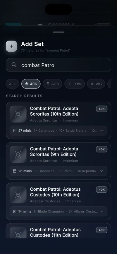 Add Set search for Combat Patrol with 75 matching boxes and their contents