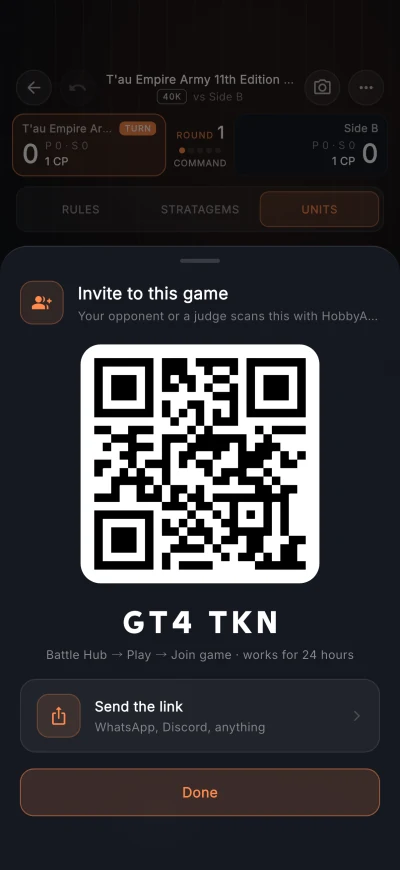 Invite sheet with a QR code and a join code for a shared game