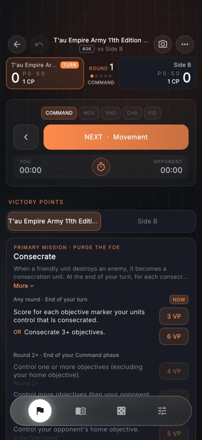 Live game with round, phase, command points and victory point scoring