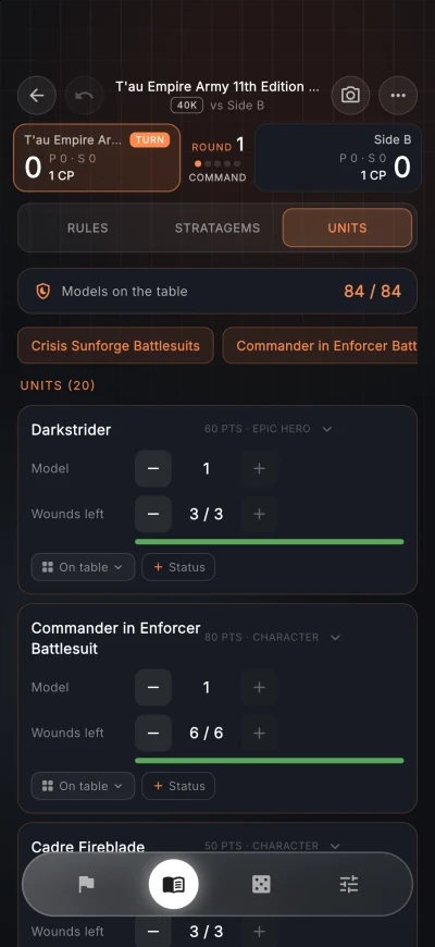 Unit cards in a game with models and wounds left