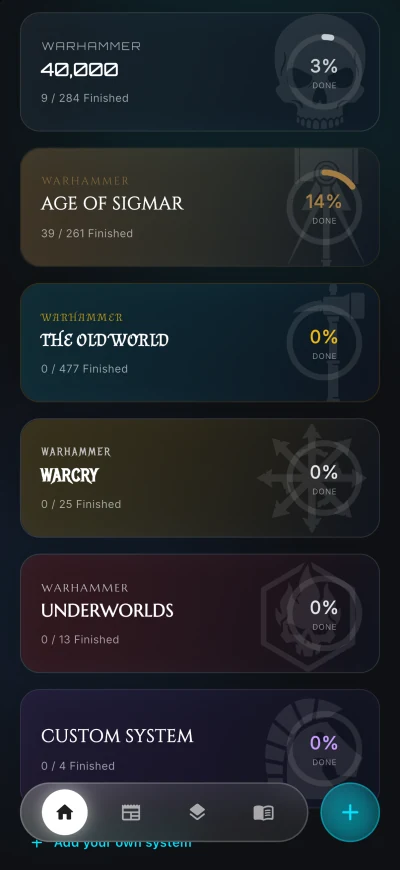 Home screen tiles for Warhammer 40,000, Age of Sigmar, The Old World, Warcry, Underworlds and a custom system
