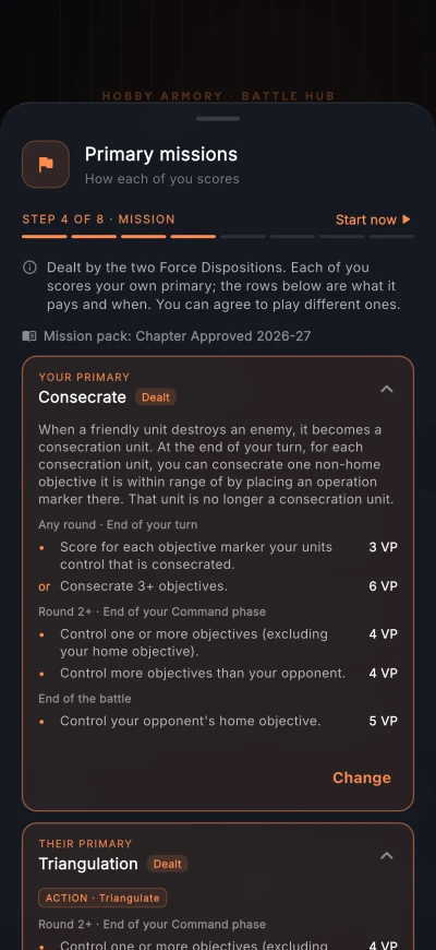 Game setup step with both players' primary missions and how they score