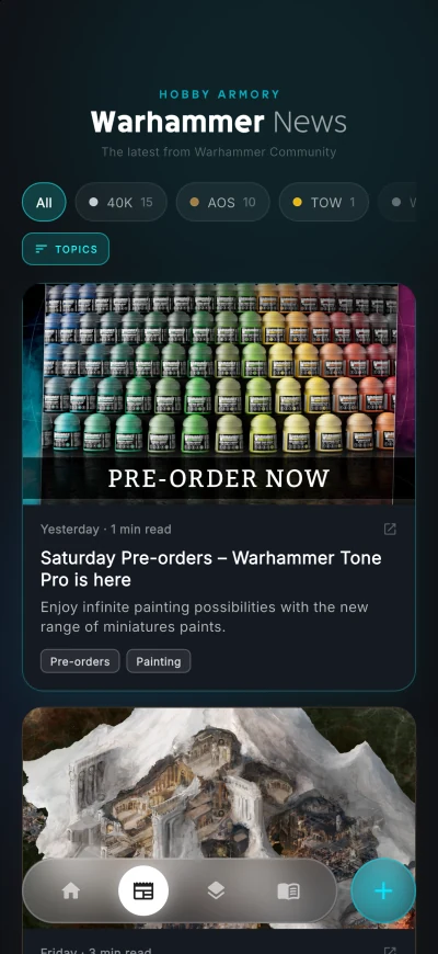 News tab with Warhammer Community articles filtered by system
