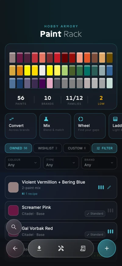 Paint Rack with 56 paints from 10 brands and the colour tools