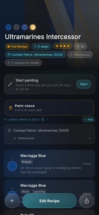 Ultramarines Intercessor recipe linked to the Combat Patrol box and the Intercessor unit